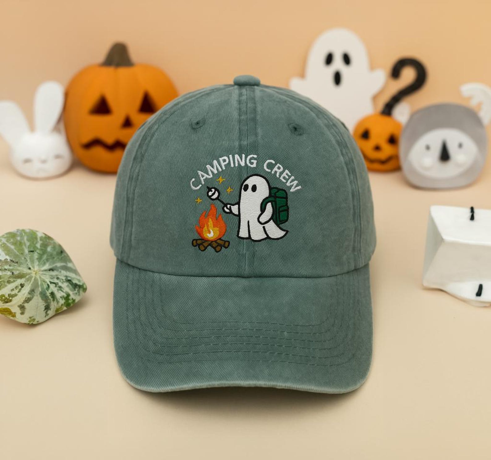 Camping Crew Ghost Hat - Embroidered Spooky Cute Campfire Cap