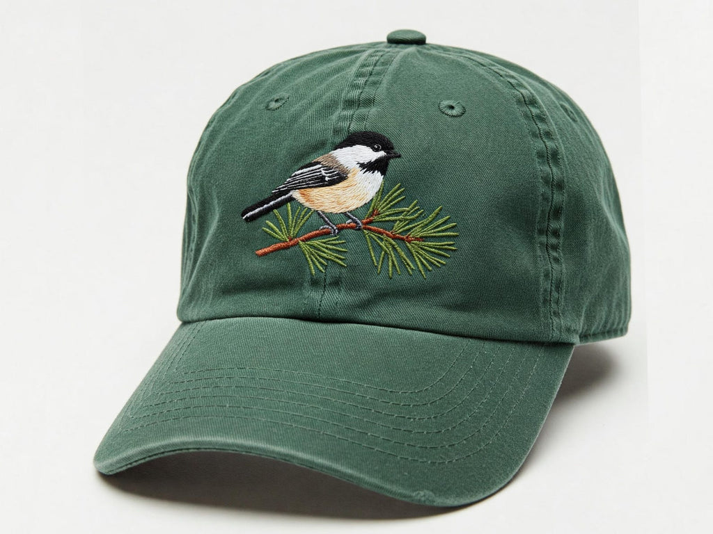 Chickadee Embroidered Hat - Forest Green Birdwatching Cap