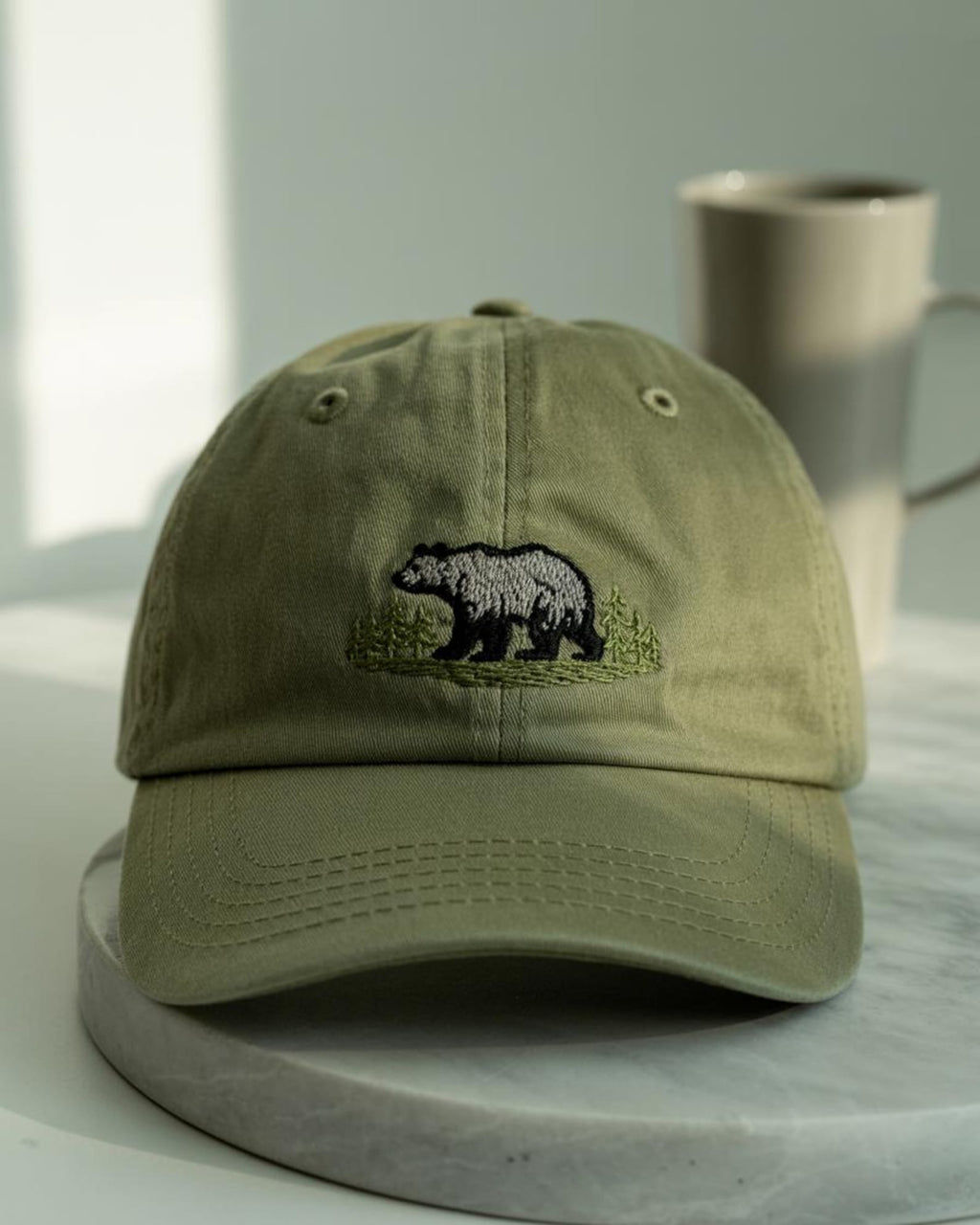 Embroidered Bear Hat - Olive Green Wilderness Adventure Cap