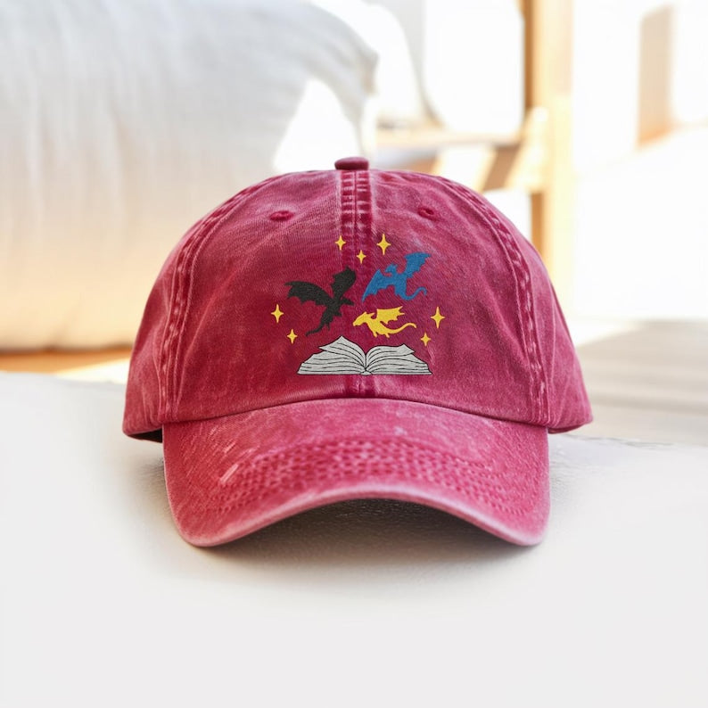 Fantasy Dragon Book Washed Embroidered Dad Hat