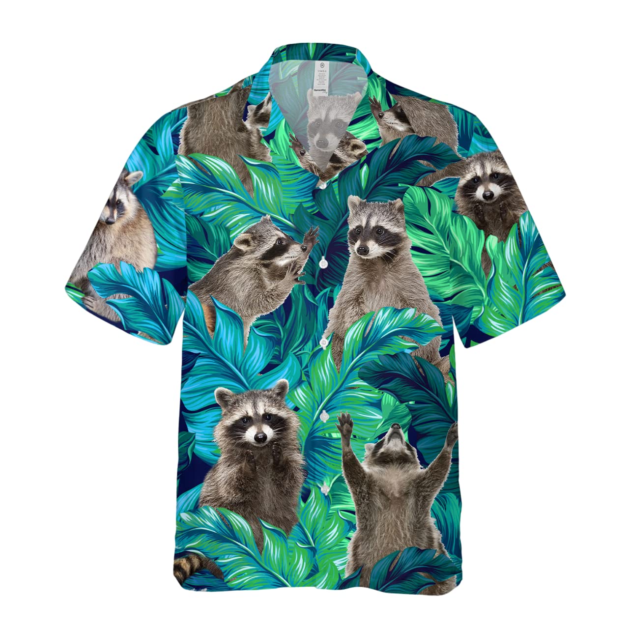 Funny Raccoon Hawaiian Shirt - Green Tropical Leaf Print Aloha Shirt