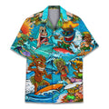 Men's Funny Tiki Hawaiian Shirt - Cartoon Surfing Tribal Print Aloha Beach Button Down