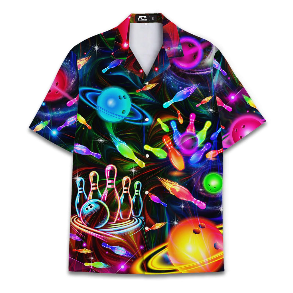 Galaxy Bowling Hawaiian Shirt - Cosmic Strikes & Neon Pins