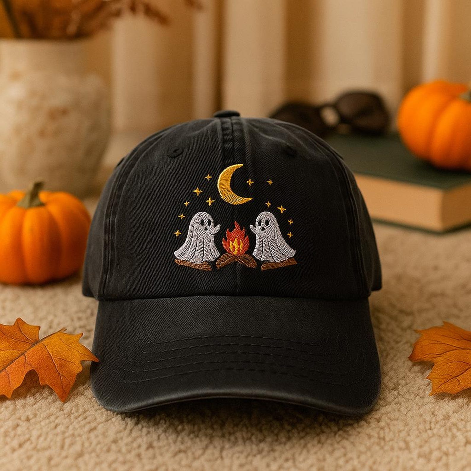 Ghost Campfire Embroidered Hat - Spooky Cute Halloween Cap