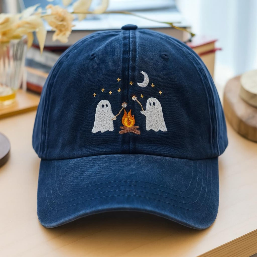 Ghost Campfire Marshmallow Hat - Navy Embroidered Halloween Cap