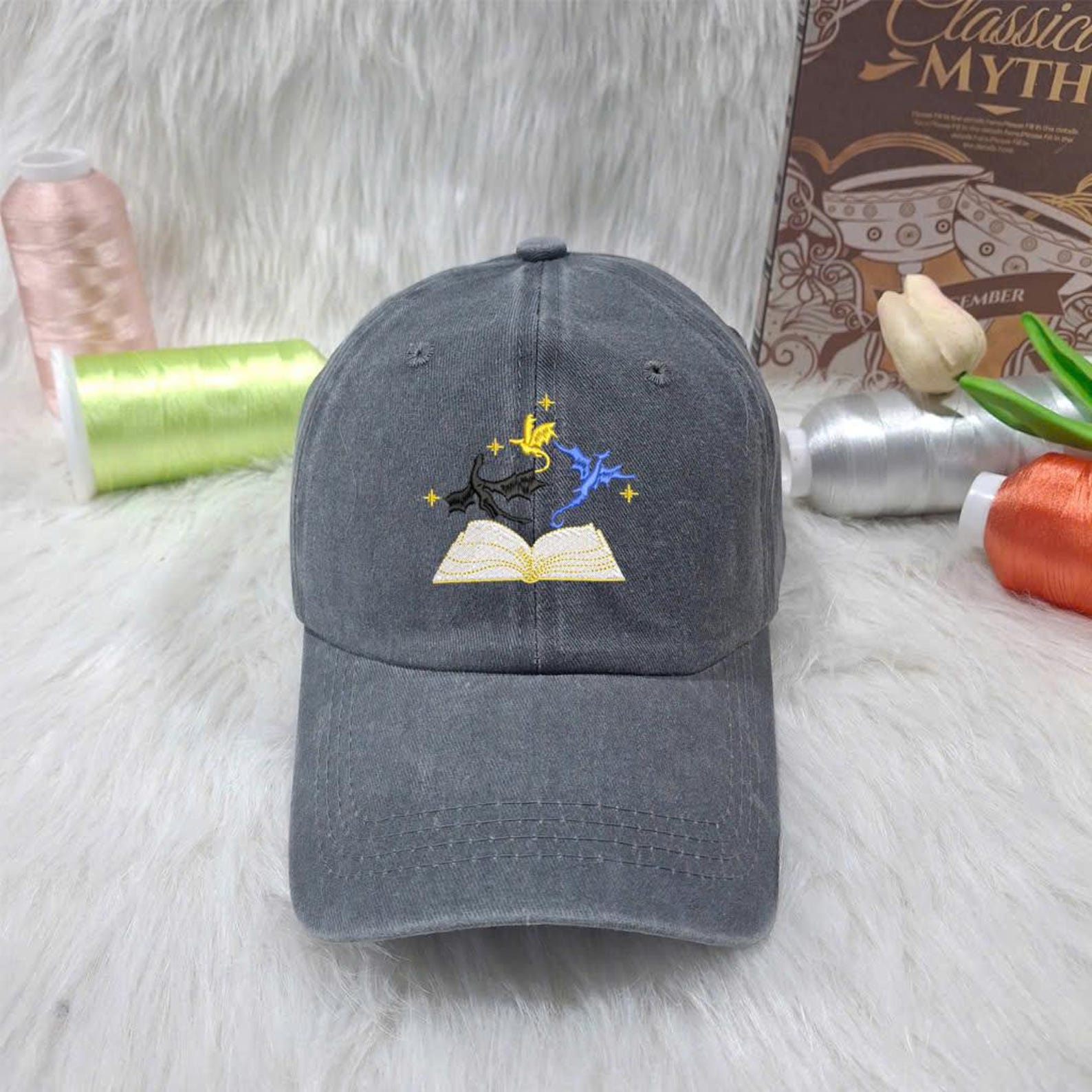 Magic Book Embroidered Hat - Fantasy Gray Washed Cap