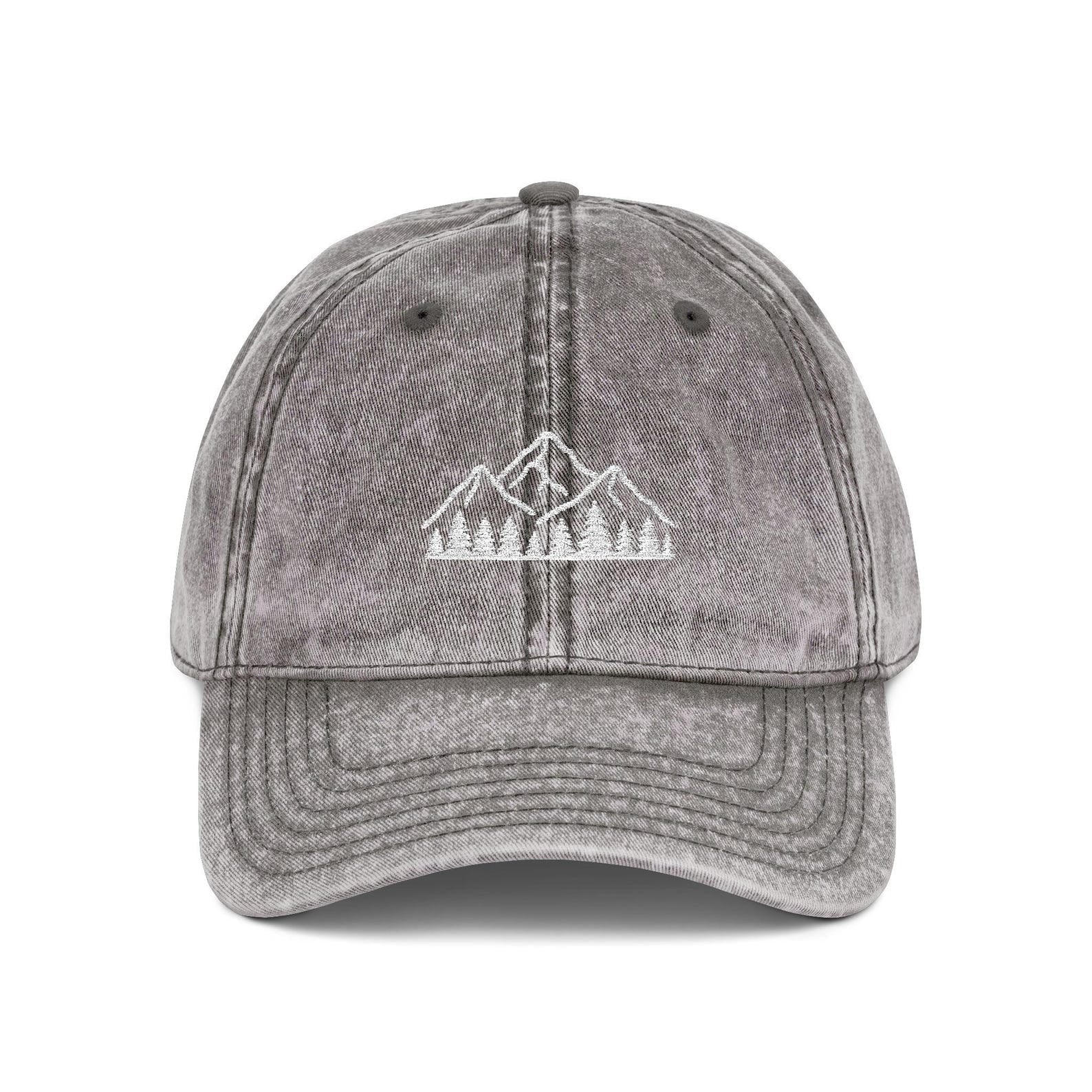 Mountain Forest Embroidered Dad Hat - Black Washed Nature Cap