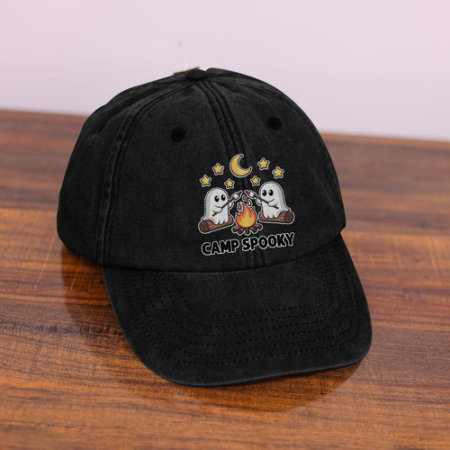 Camp Spooky Ghost Hat - Embroidered Beige Halloween Cap