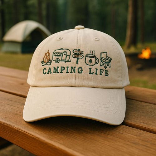 Camping Life Embroidered Dad Hat - Beige Outdoor Adventure Cap