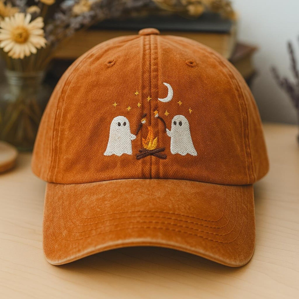 Ghost Campfire Marshmallow Hat - Navy Embroidered Halloween Cap