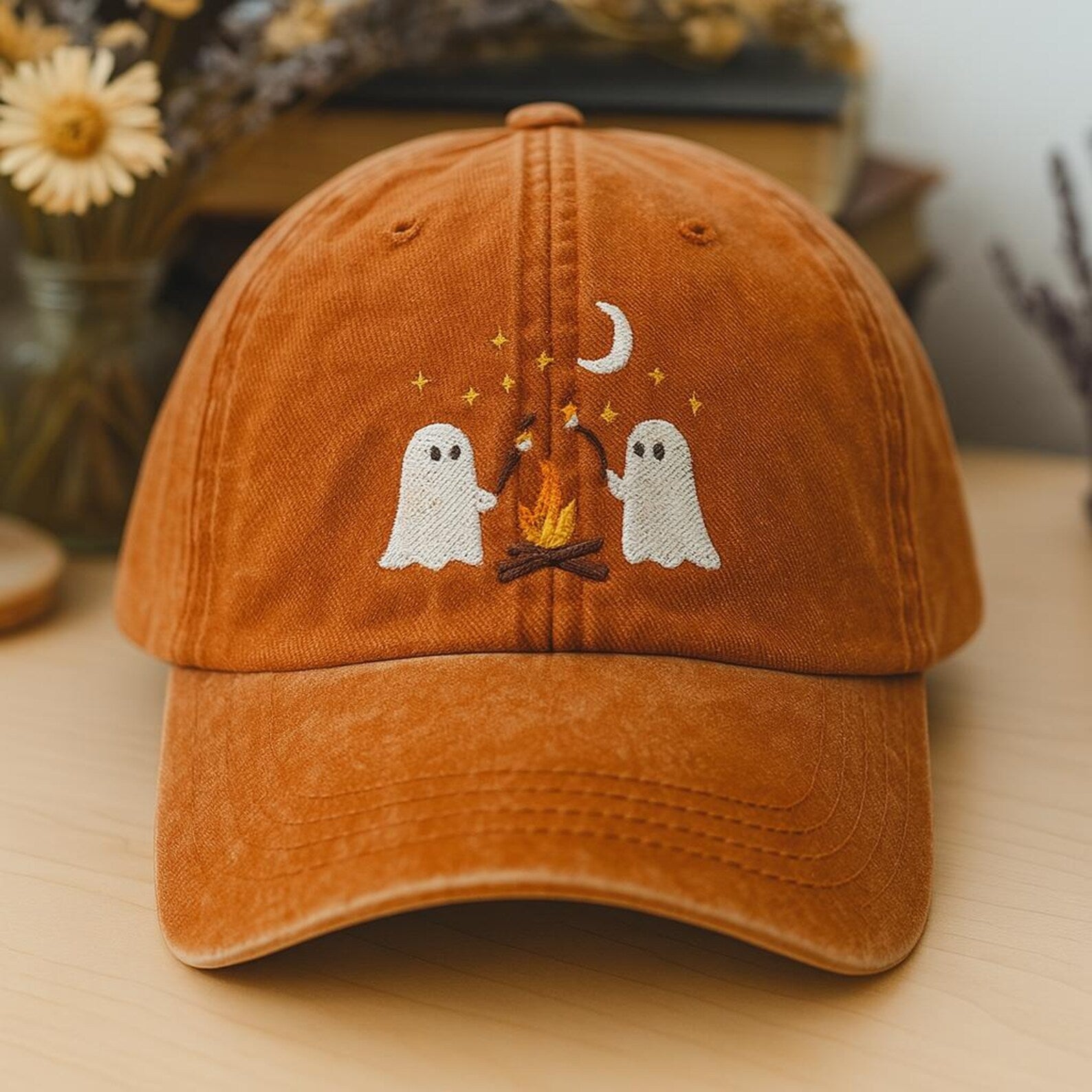 Ghost Campfire Marshmallow Hat - Navy Embroidered Halloween Cap