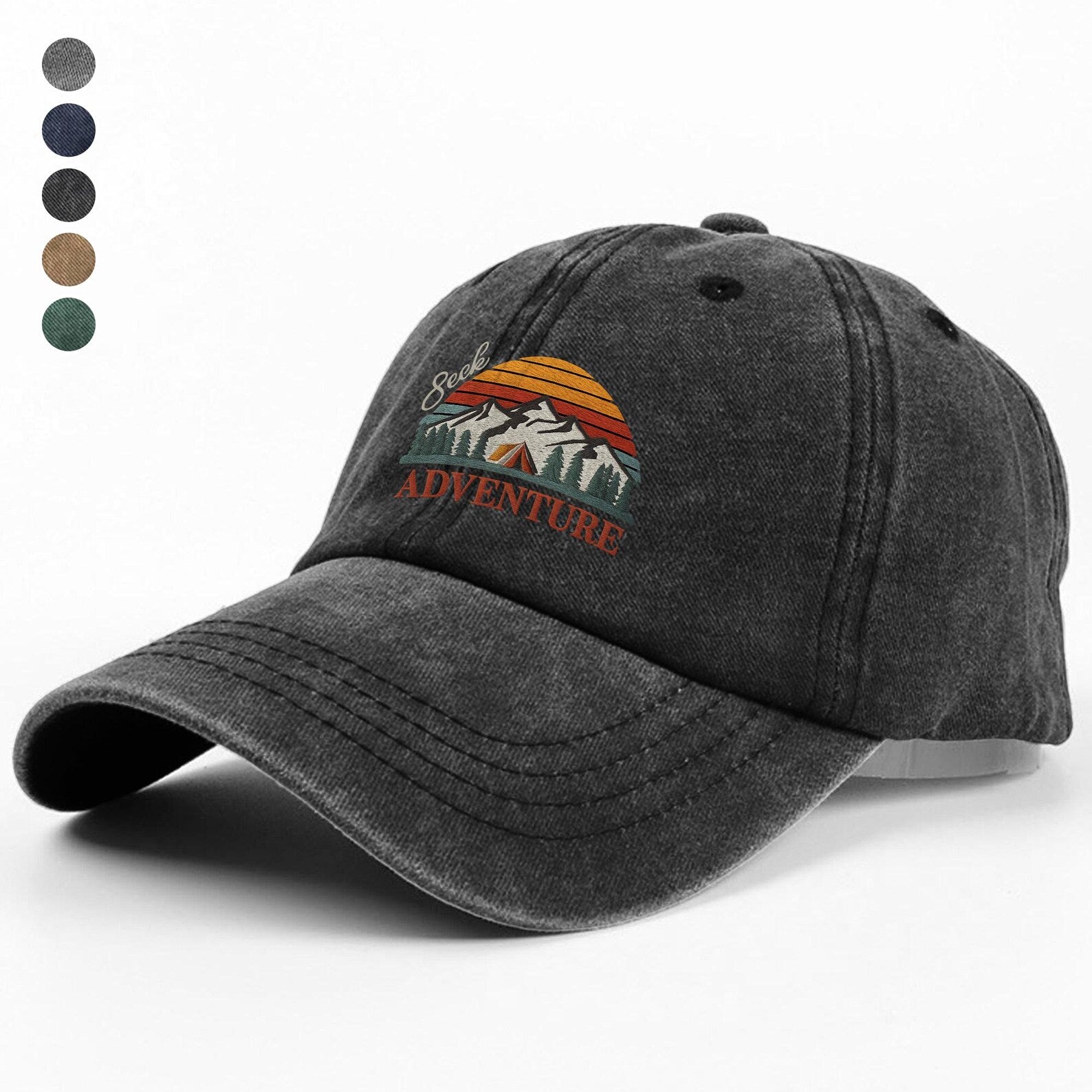 Seek Adventure Embroidered Hat - Mountain Sunset Green Cap