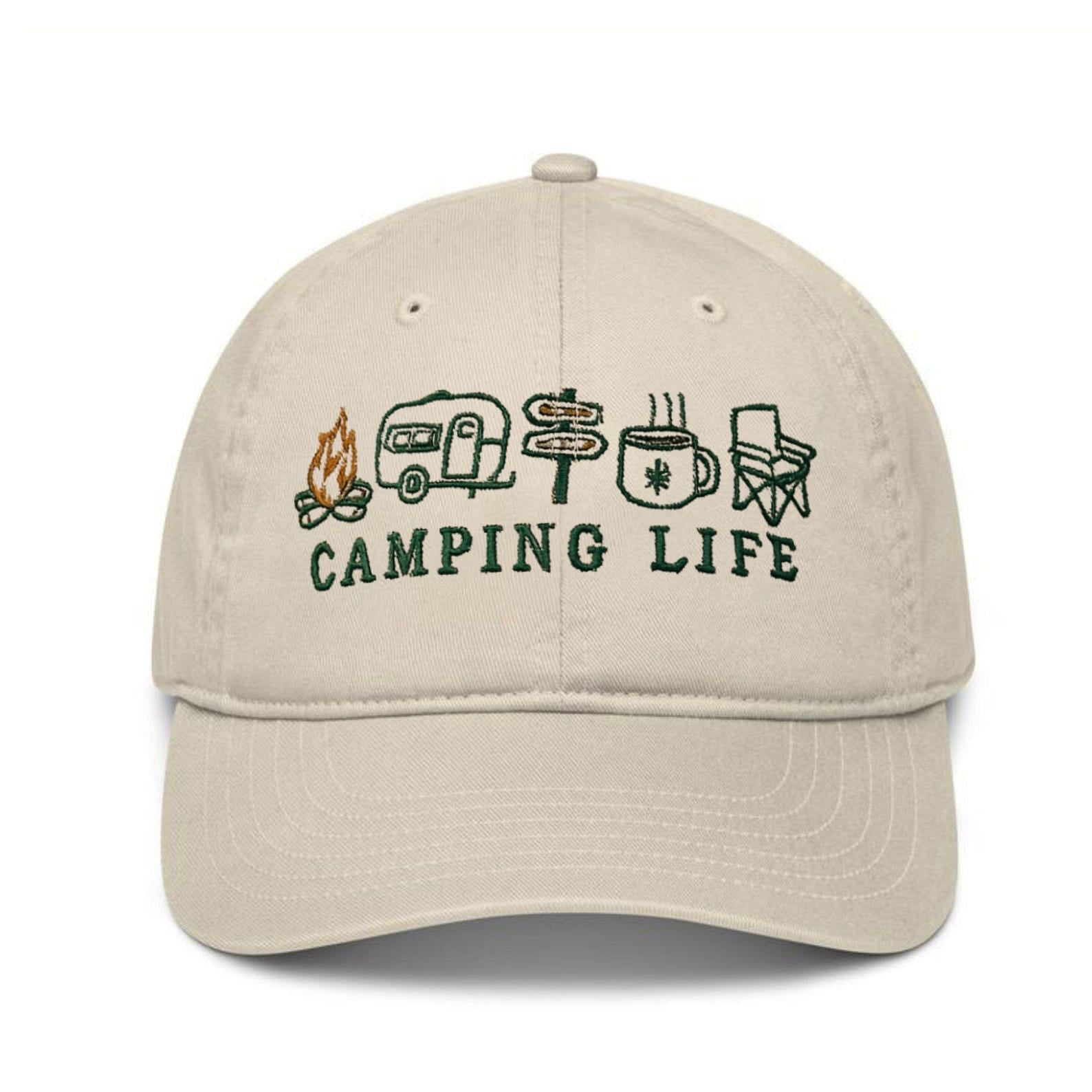 Camping Life Embroidered Dad Hat - Beige Outdoor Adventure Cap