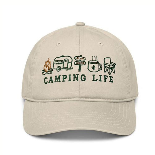 Camping Life Embroidered Dad Hat - Beige Outdoor Adventure Cap