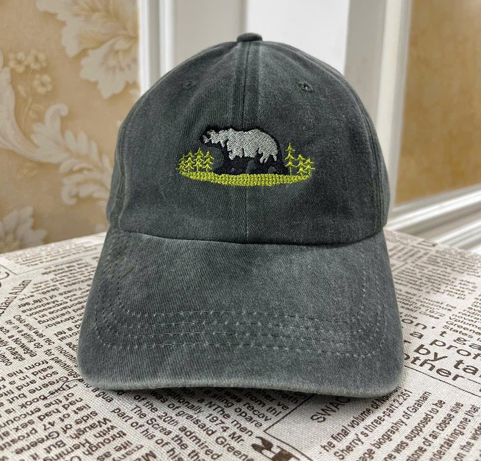 Embroidered Bear Hat - Olive Green Wilderness Adventure Cap