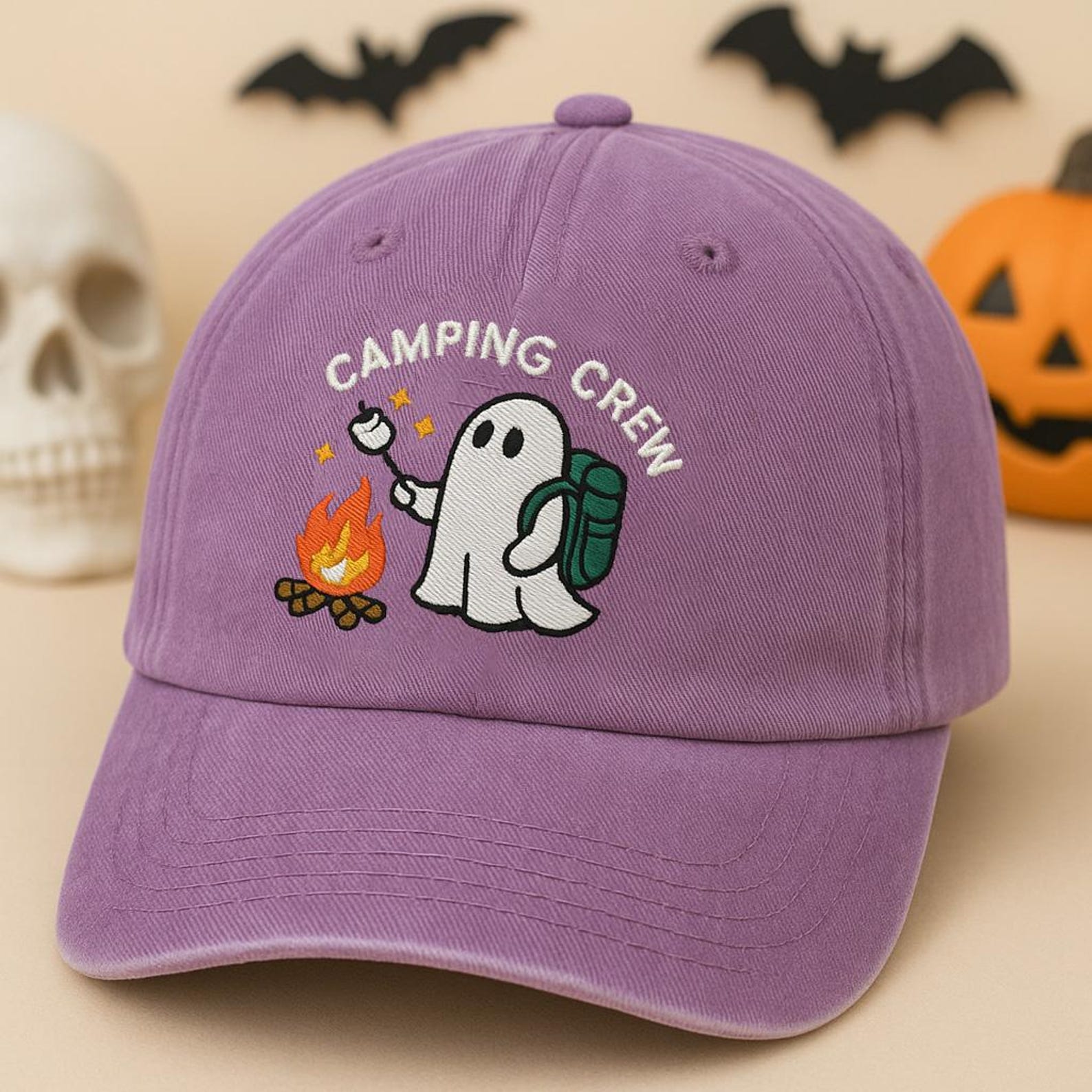 Camping Crew Ghost Hat - Embroidered Spooky Cute Campfire Cap