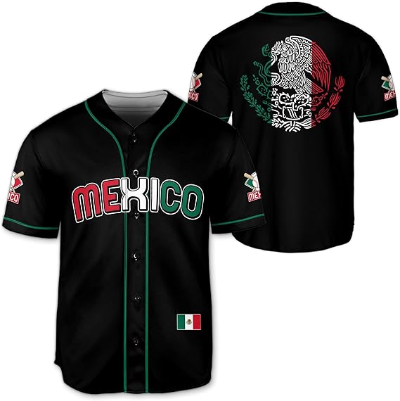 Mexico Baseball Jersey - Classic Black Shirt with Flag Patch & Green Trim