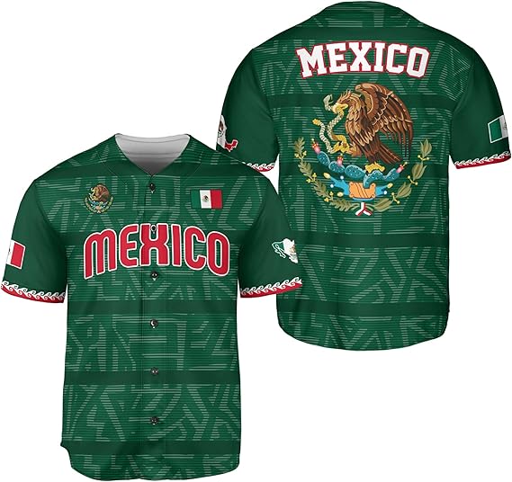 Mexico Green Baseball Jersey - Classic Flag Crest Aztec Shirt