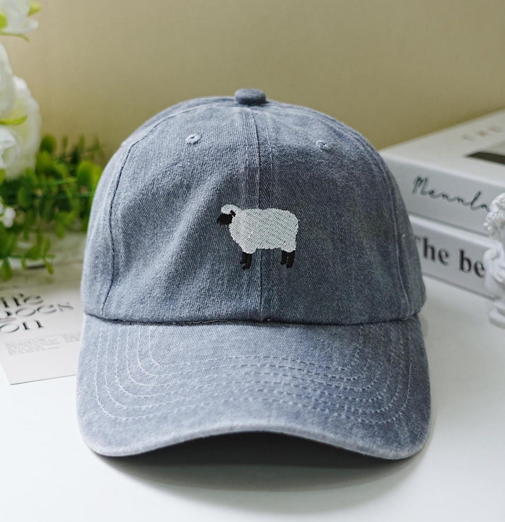 Minimal Sheep Embroidered Hat - Light Washed Blue Pasture Cap
