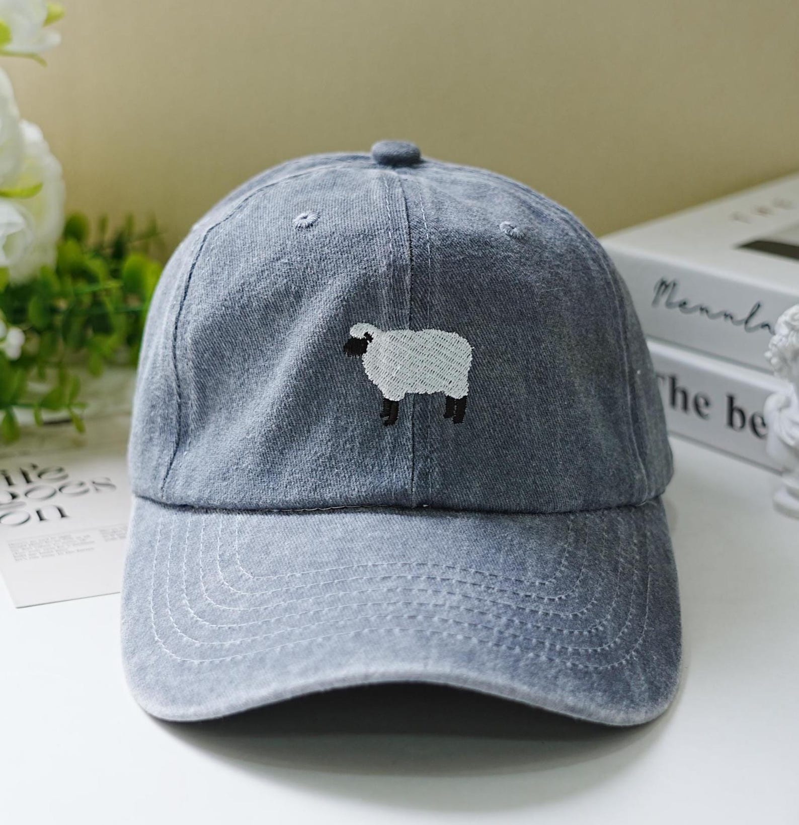Minimal Sheep Embroidered Hat - Light Washed Blue Pasture Cap