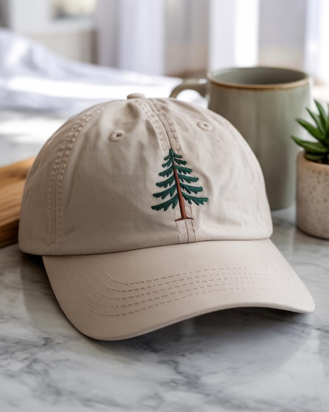Minimal Pine Tree Embroidered Hat - Beige Nature Aesthetic Dad Cap