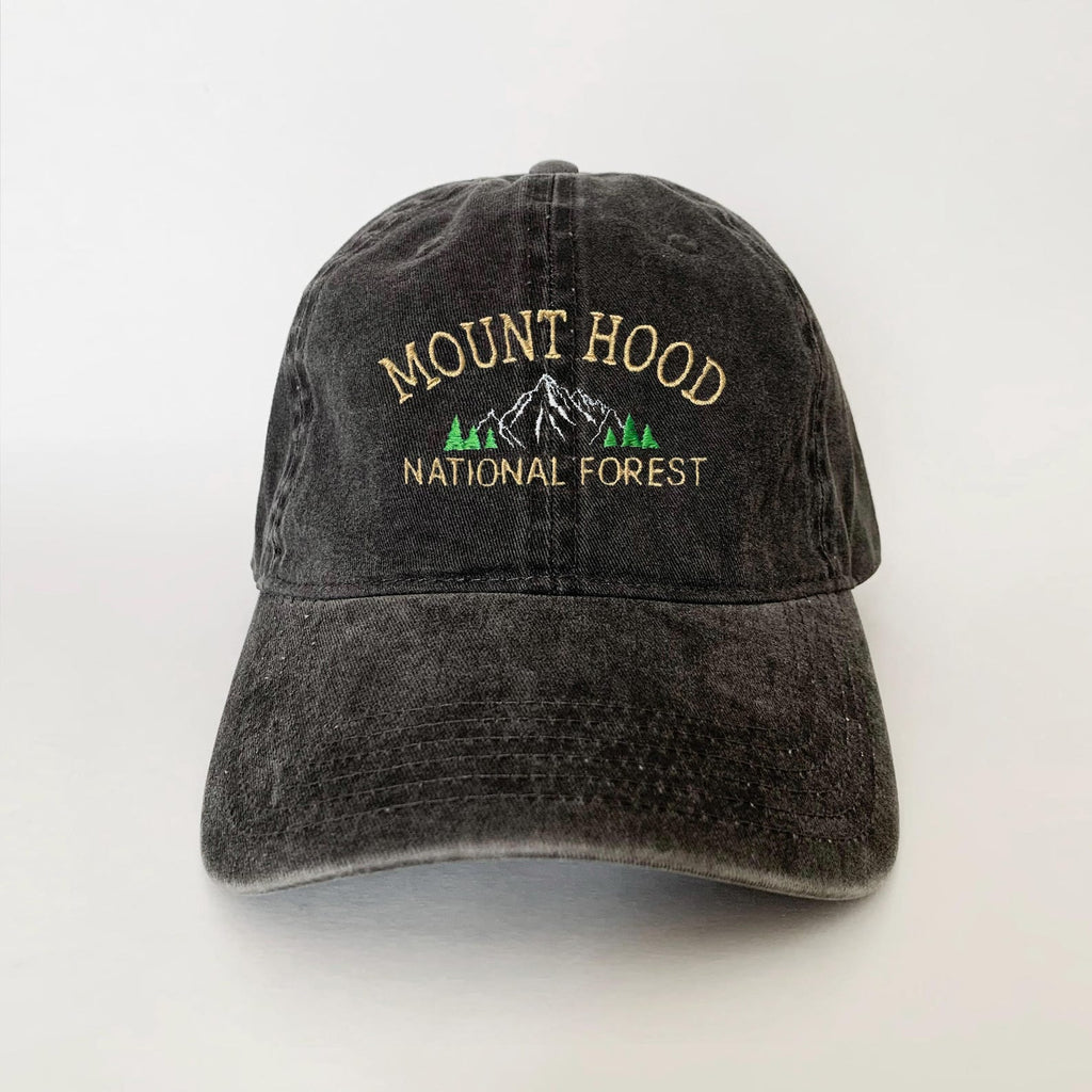 Mount Hood National Forest Hat - Embroidered Washed Black Cap