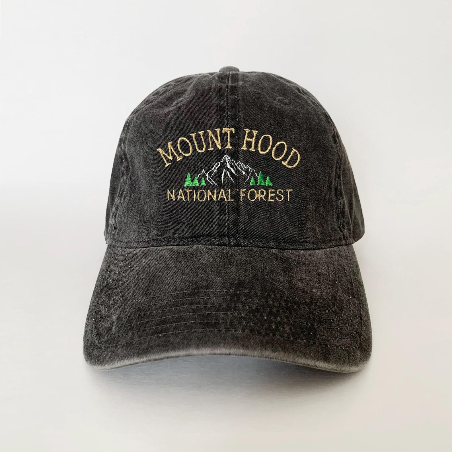 Mount Hood National Forest Hat - Embroidered Washed Black Cap