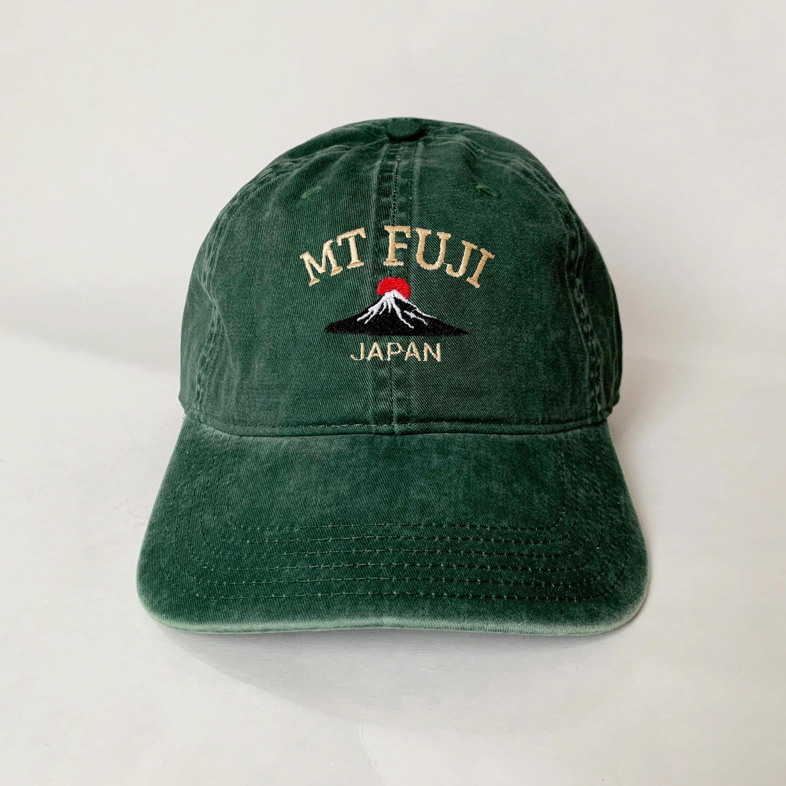 Mt Fuji Japan Embroidered Dad Hat - Washed Green Travel Souvenir Cap