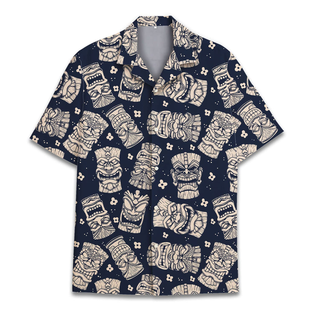 Navy Tiki Hawaiian Shirt - Tribal Mask Aloha Print Shirt for Men