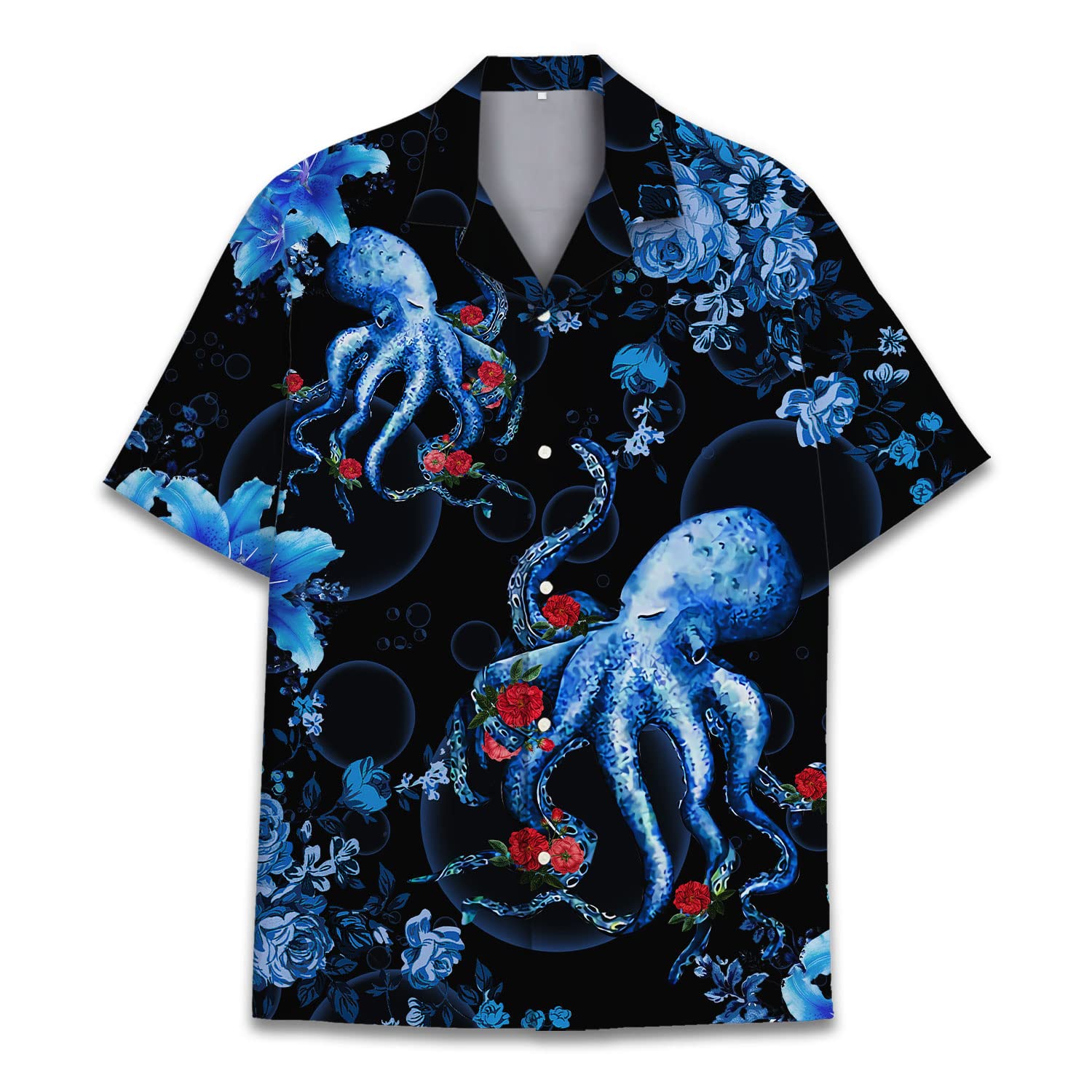 Octopus Floral Hawaiian Shirt - Blue Tentacle & Rose Print Aloha Shirt