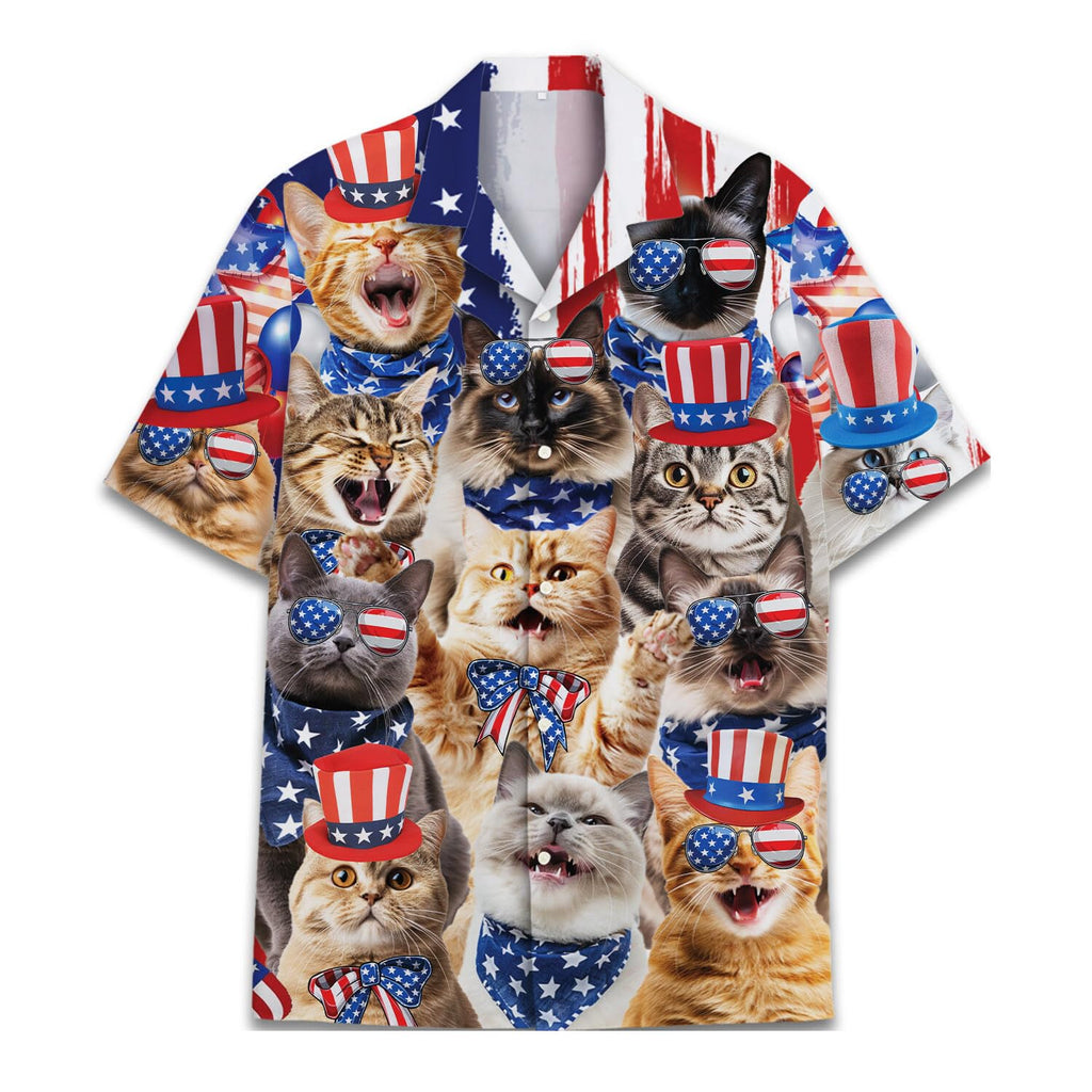 Patriotic Cats Hawaiian Shirt - Funny 4th of July Cat Party Shirt for Men & Women