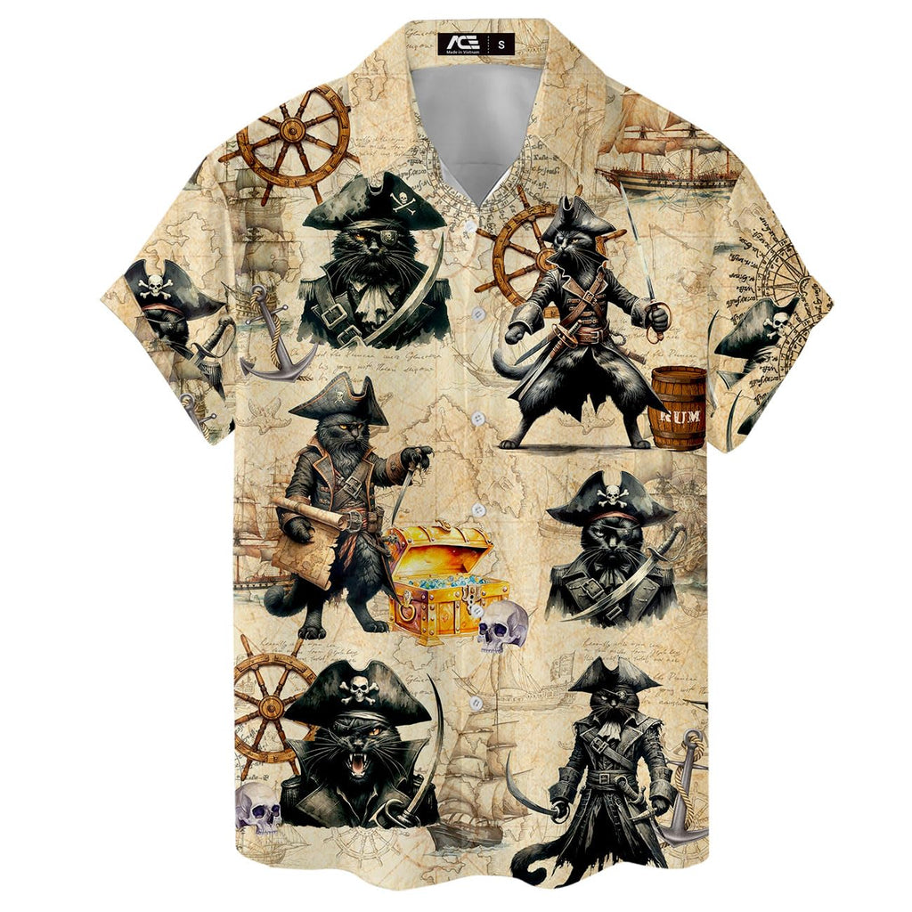 Pirate Cat Hawaiian Shirt - Funny Tropical Pirate Treasure Map Shirt