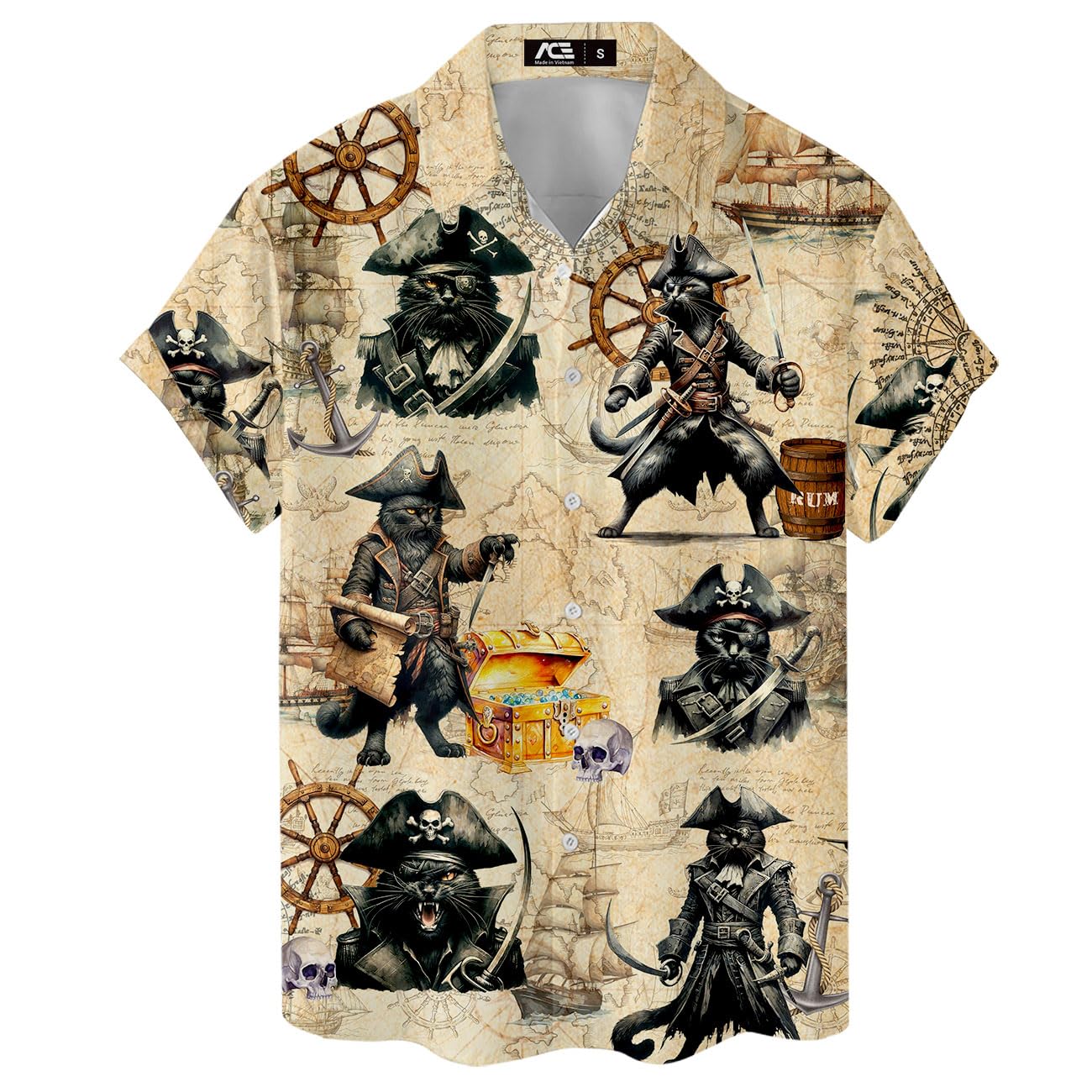 Pirate Cat Hawaiian Shirt - Funny Tropical Pirate Treasure Map Shirt