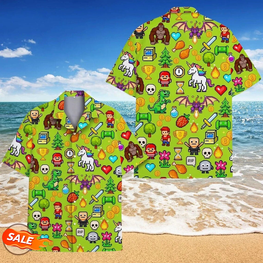 Pixel Sword Hawaiian Shirt - Retro Gamer Tropical Button-Up