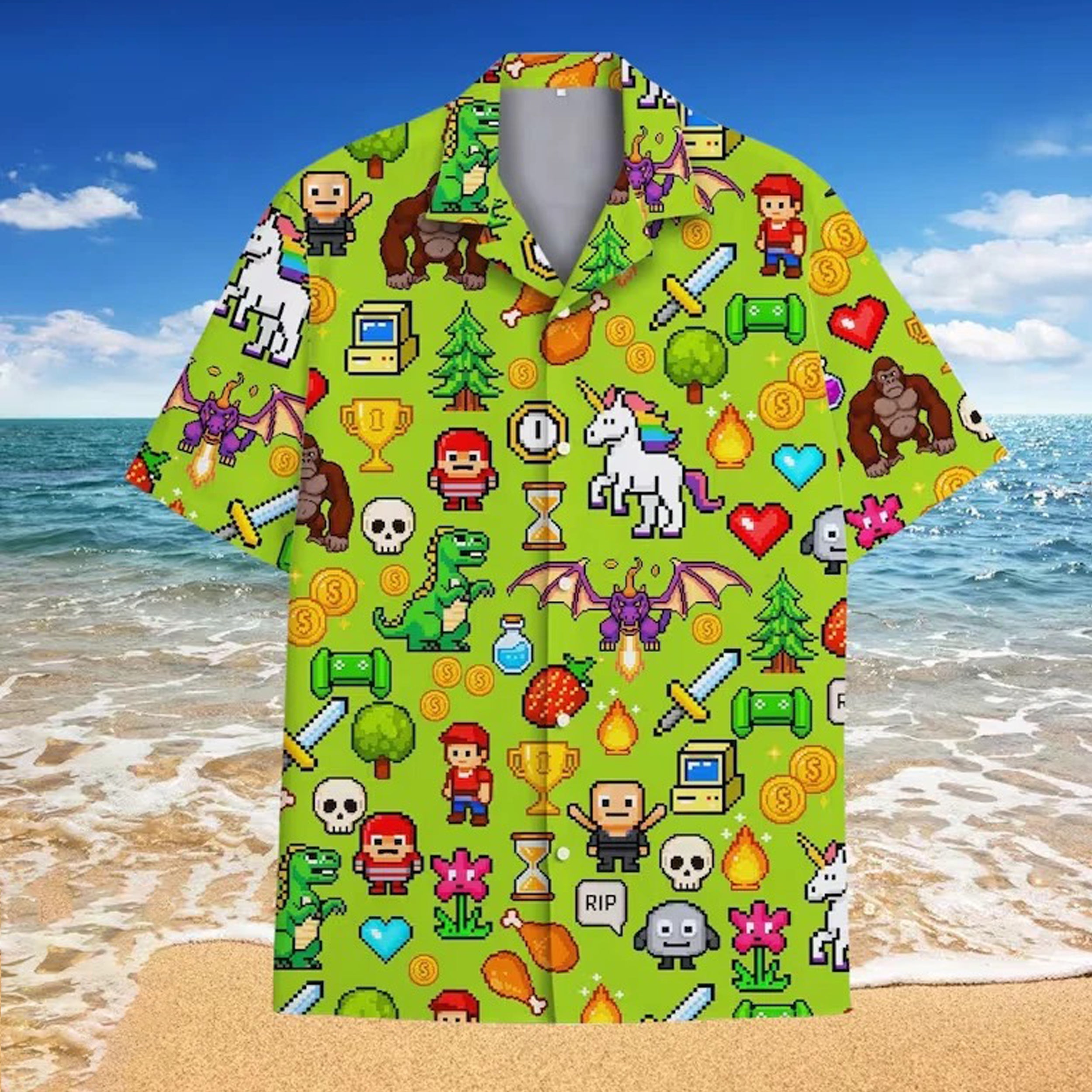 Pixel Sword Hawaiian Shirt - Retro Gamer Tropical Button-Up
