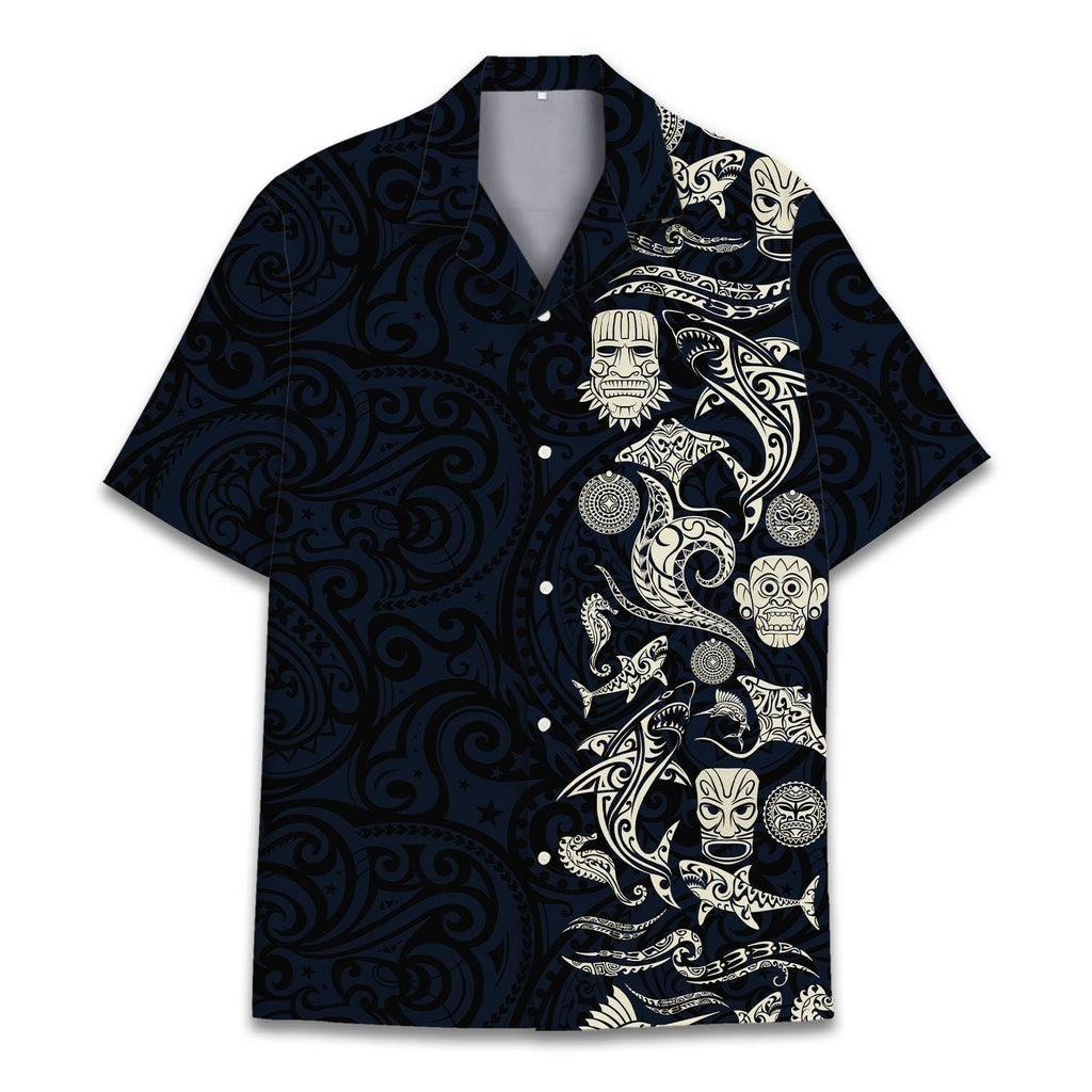 Polynesian Tribal Hawaiian Shirt - Black & Ivory Tiki Island Print