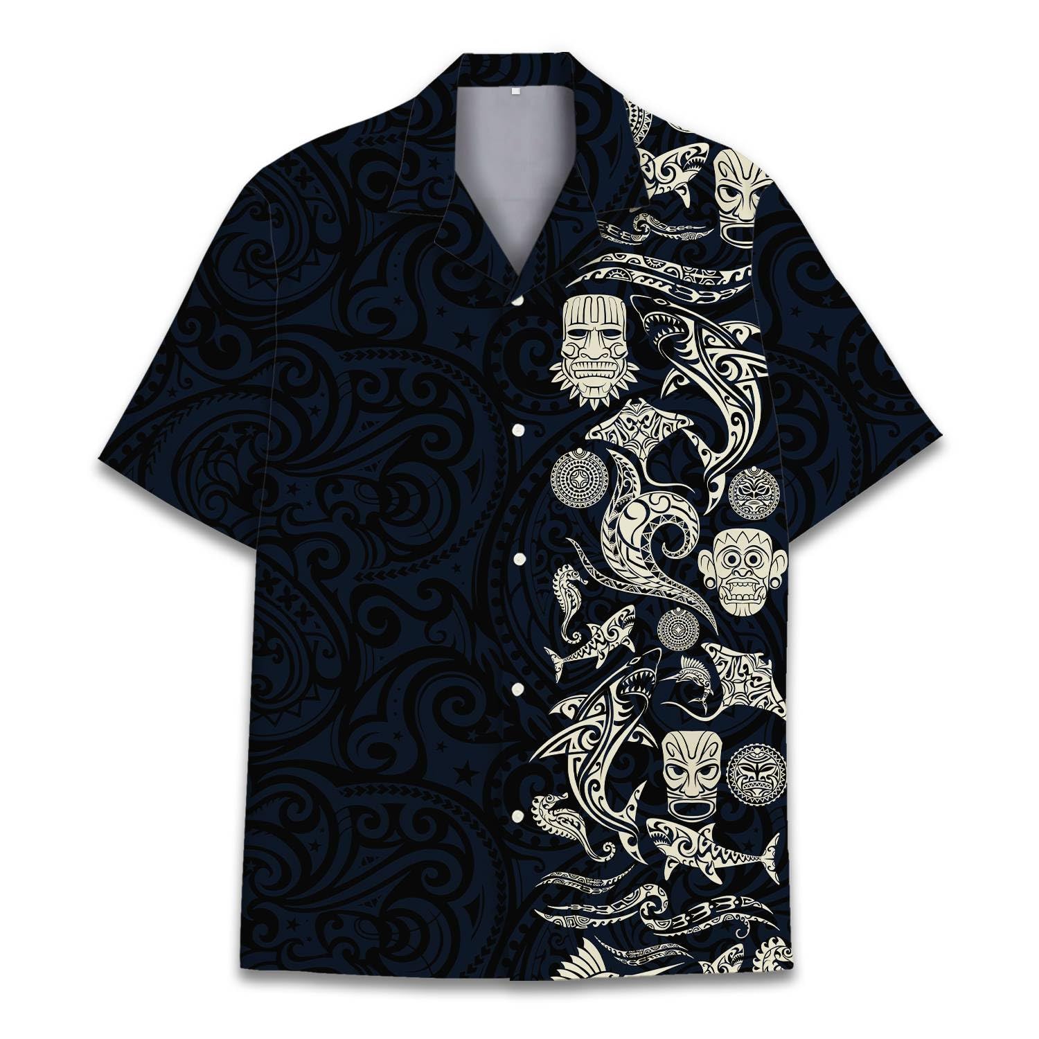 Polynesian Tribal Hawaiian Shirt - Black & Ivory Tiki Island Print