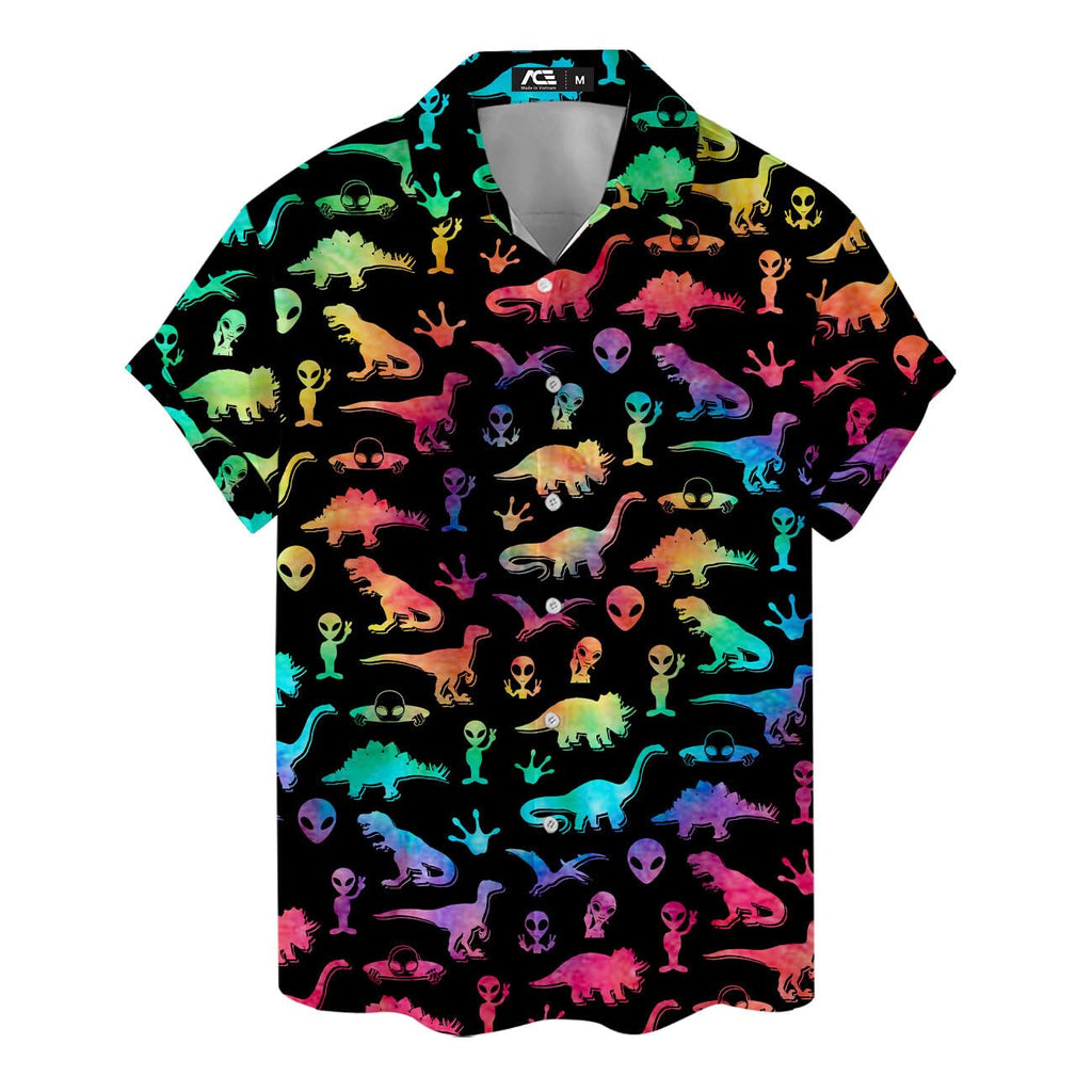 Rainbow Dinosaur Alien Hawaiian Shirt - Neon Galaxy Party Vibes