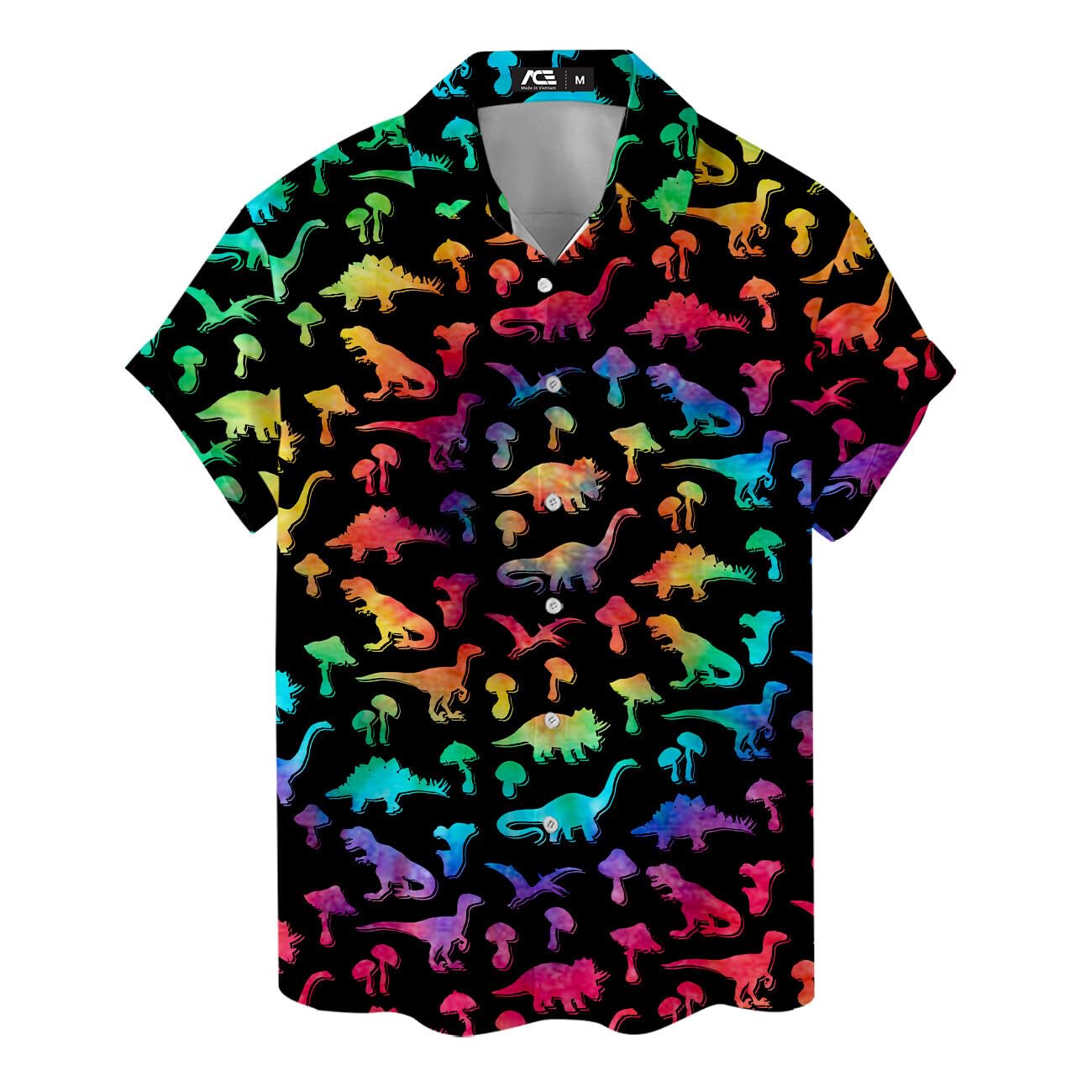 Rainbow Dinosaur Hawaiian Shirt - Colorful Dino & Mushroom Print