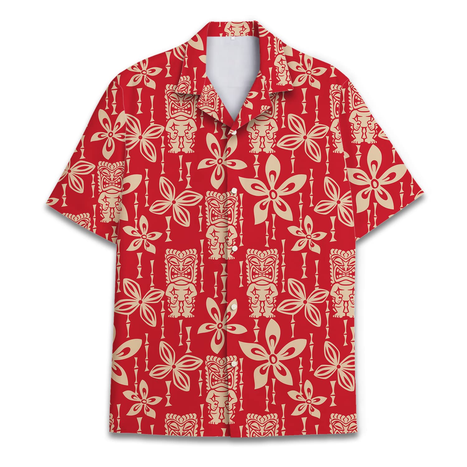 Red Tiki Hawaiian Shirt - Vintage Tribal Floral Print Aloha Beach Shirt