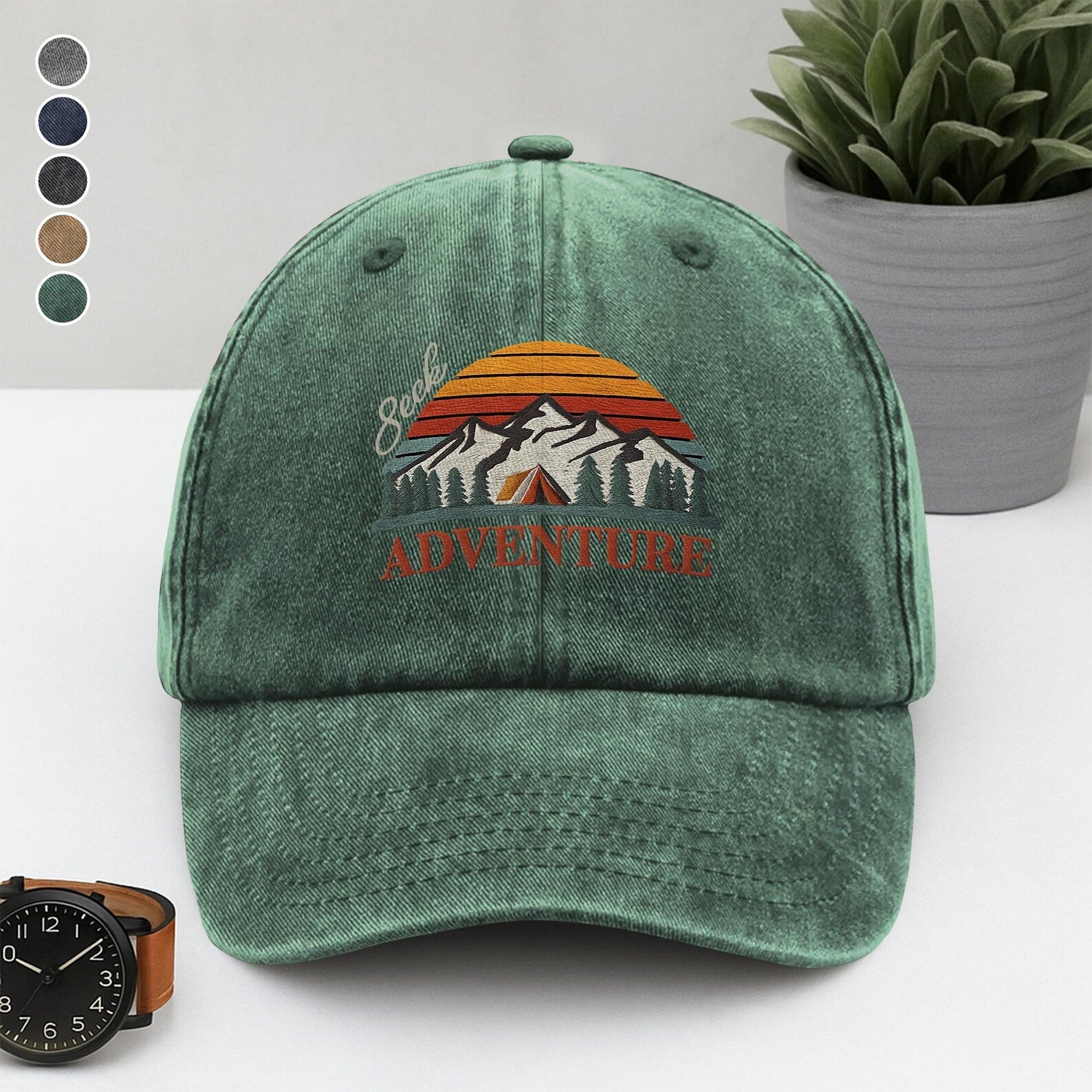 Seek Adventure Embroidered Hat - Green Washed Dad Cap