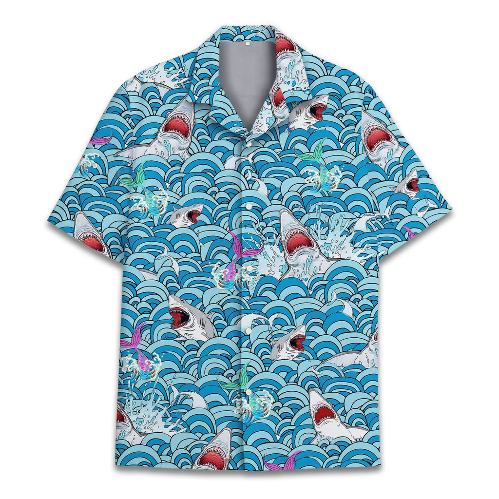 Shark Attack Hawaiian Shirt - Funny Ocean Waves & Mermaid Print Aloha Shirt