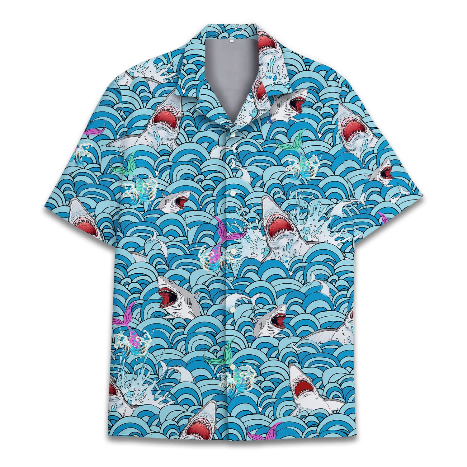 Shark Attack Hawaiian Shirt - Funny Ocean Waves & Mermaid Print Aloha Shirt