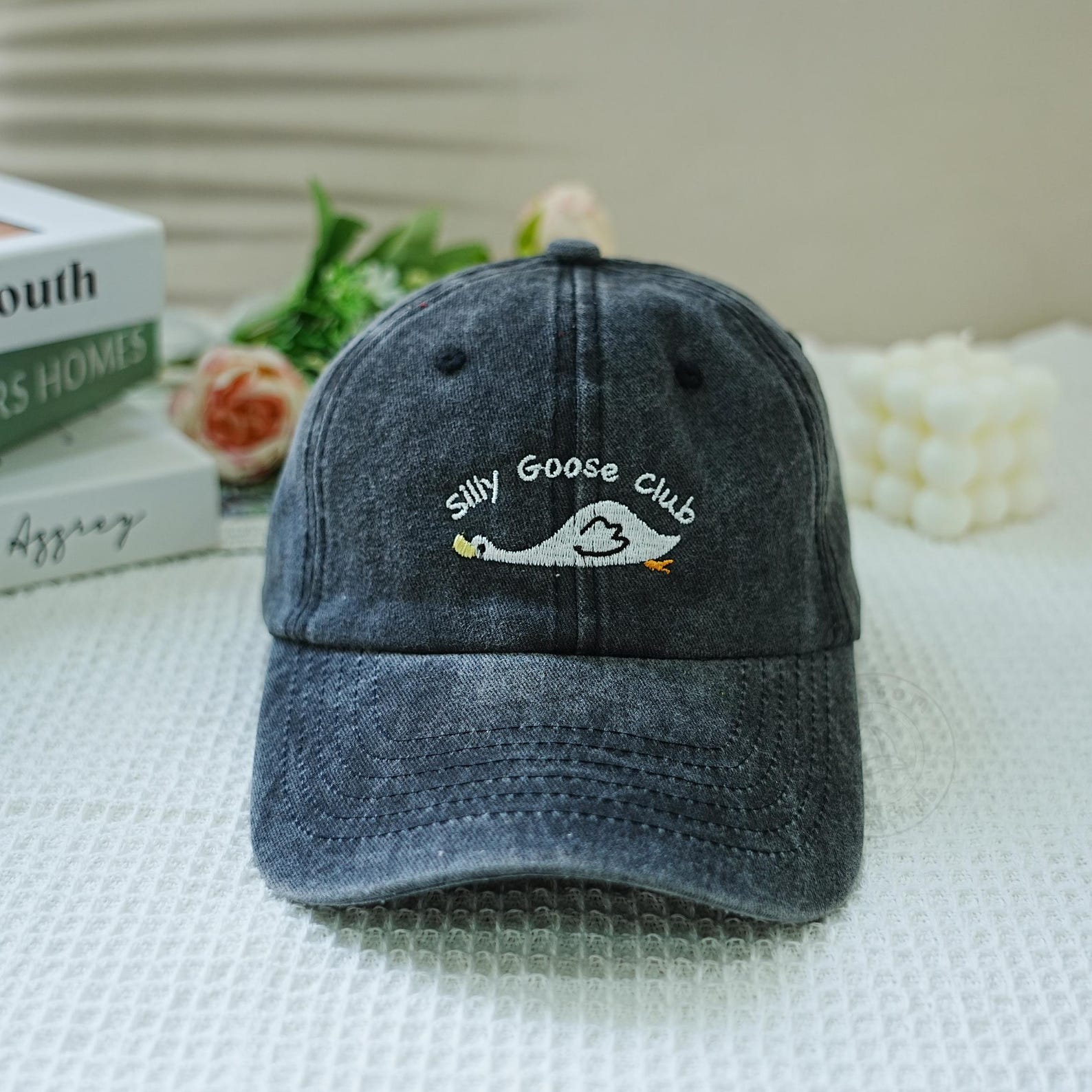 Silly Goose Club Hat - Embroidered Washed Black Dad Cap