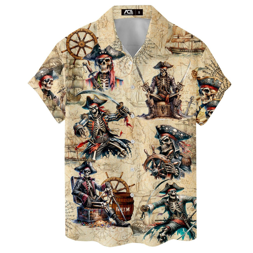 Skeleton Pirate Hawaiian Shirt - Halloween Pirate Aloha Shirt for Men
